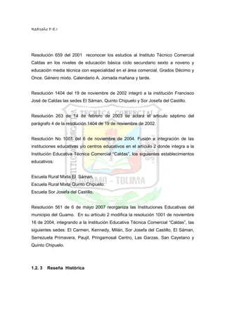 RedIseño P.E.I




Resolución 659 del 2001 reconocer los estudios al Instituto Técnico Comercial
Caldas en los niveles de educación básica ciclo secundario sexto a noveno y
educación media técnica con especialidad en el área comercial, Grados Décimo y
Once. Género mixto. Calendario A. Jornada mañana y tarde.


Resolución 1404 del 19 de noviembre de 2002 integró a la institución Francisco
José de Caldas las sedes El Sáman, Quinto Chipuelo y Sor Josefa del Castillo.


Resolución 263 de 14 de febrero de 2003 se aclara el articulo séptimo del
parágrafo 4 de la resolución 1404 de 19 de noviembre de 2002.


Resolución No 1001 del 6 de noviembre de 2004. Fusión e integración de las
instituciones educativas y/o centros educativos en el artículo 2 donde integra a la
Institución Educativa Técnica Comercial “Caldas”, los siguientes establecimientos
educativos:


Escuela Rural Mixta El Sáman.
Escuela Rural Mixta Quinto Chipuelo.
Escuela Sor Josefa del Castillo.


Resolución 561 de 6 de mayo 2007 reorganiza las Instituciones Educativas del
municipio del Guamo. En su artículo 2 modifica la resolución 1001 de noviembre
16 de 2004, integrando a la Institución Educativa Técnica Comercial “Caldas”, las
siguientes sedes: El Carmen, Kennedy, Milán, Sor Josefa del Castillo, El Sáman,
Serrezuela Primavera, Paujil, Pringamosal Centro, Las Garzas, San Cayetano y
Quinto Chipuelo.




1.2. 3   Reseña Histórica
 