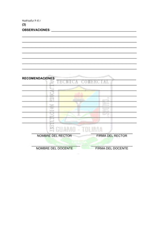 RedIseño P.E.I
(3)
OBSERVACIONES: _________________________________________________
__________________________________________________________________
__________________________________________________________________
__________________________________________________________________
__________________________________________________________________
__________________________________________________________________
__________________________________________________________________
__________________________________________________________________


RECOMENDACIONES: ______________________________________________
__________________________________________________________________
__________________________________________________________________
__________________________________________________________________
__________________________________________________________________
__________________________________________________________________
__________________________________________________________________
__________________________________________________________________
__________________________________________________________________


       ____________________________    ________________________
          NOMBRE DEL RECTOR               FIRMA DEL RECTOR

       ____________________________    ________________________
          NOMBRE DEL DOCENTE              FIRMA DEL DOCENTE
 