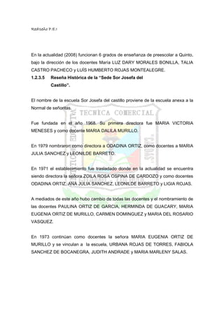 RedIseño P.E.I




En la actualidad (2008) funcionan 6 grados de enseñanza de preescolar a Quinto,
bajo la dirección de los docentes María LUZ DARY MORALES BONILLA, TALIA
CASTRO PACHECO y LUÍS HUMBERTO ROJAS MONTEALEGRE.
1.2.3.5   Reseña Histórica de la “Sede Sor Josefa del
          Castillo”.


El nombre de la escuela Sor Josefa del castillo proviene de la escuela anexa a la
Normal de señoritas.


Fue fundada en el año 1968. Su primera directora fue MARIA VICTORIA
MENESES y como docente MARIA DALILA MURILLO.


En 1979 nombraron como directora a ODADINA ORTIZ, como docentes a MARIA
JULIA SANCHEZ y LEONILDE BARRETO.


En 1971 el establecimiento fue trasladado donde en la actualidad se encuentra
siendo directora la señora ZOILA ROSA OSPINA DE CARDOZO y como docentes
ODADINA ORTIZ, ANA JULIA SANCHEZ, LEONILDE BARRETO y LIGIA ROJAS.


A mediados de este año hubo cambio de todas las docentes y el nombramiento de
las docentes PAULINA ORTIZ DE GARCIA, HERMINDA DE GUACARY, MARIA
EUGENIA ORTIZ DE MURILLO, CARMEN DOMINGUEZ y MARIA DEL ROSARIO
VASQUEZ.


En 1973 continúan como docentes la señora MARIA EUGENIA ORTIZ DE
MURILLO y se vinculan a la escuela, URBANA ROJAS DE TORRES, FABIOLA
SANCHEZ DE BOCANEGRA, JUDITH ANDRADE y MARIA MARLENY SALAS.
 
