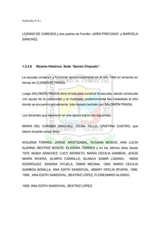 RedIseño P.E.I



LOZANO DE CABEZAS y dos padres de Familia: JAIRO PRECIADO y MARCELA
SÁNCHEZ.




1.2.3.6   Reseña Histórica Sede “Quinto Chipuelo”.


La escuela comenzó a funcionar aproximadamente en el año 1940 en arriendo en
tierras de CLEMENTE PRADA.


Luego SALOMÓN PRADA donó el lote para construir la escuela, siendo construida
con ayuda de la comunidad y el municipio, posteriormente fue trasladada al sitio
donde se encuentra actualmente, lote donado también por SALOMÓN PRADA.


Los docentes que laboraron en esa época fueron los siguientes:


MARIA DEL CARMEN SÁNCHEZ, GILMA TELLO, CRISTINA CASTRO, que
laboró durante varios años.


WALDINA TORRES, JORGE ARISTIZABAL. SUSANA MOSOS, ANA LUCÍA
ALDANA, BEATRIZ MOSOS, ELICENIA TORRES y en los últimos años desde
1970, NUBIA SÁNCHEZ, LUCY SERRATO, MARÍA CECILIA GAMBOA, JESÚS
MARÍA RIVERA, OLIMPO CARRILLO, BLANCA SAMIR LOZANO,                       NIDIA
RODRÍGUEZ, SANDRA OYUELA, OMAR MEDINA, 1994; MARÍA CECILIA
GAMBOA BONILLA, ANA EDITH SANDOVAL, AMARY OFELIA RIVERA, 1996,
1998, ANA EDITH SANDOVAL, BEATRIZ LÓPEZ, FLORESMIRO ALONSO.


1999. ANA EDITH SANDOVAL, BEATRIZ LÓPEZ.
 