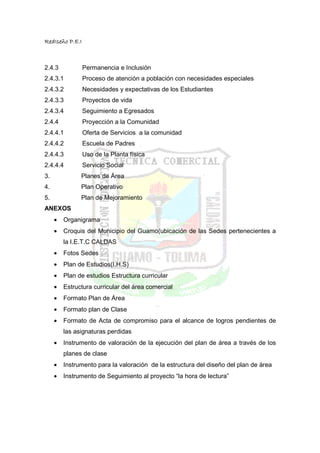 RedIseño P.E.I



2.4.3            Permanencia e Inclusión
2.4.3.1          Proceso de atención a población con necesidades especiales
2.4.3.2          Necesidades y expectativas de los Estudiantes
2.4.3.3          Proyectos de vida
2.4.3.4          Seguimiento a Egresados
2.4.4            Proyección a la Comunidad
2.4.4.1          Oferta de Servicios a la comunidad
2.4.4.2          Escuela de Padres
2.4.4.3          Uso de la Planta física
2.4.4.4          Servicio Social
3.             Planes de Área
4.             Plan Operativo
5.             Plan de Mejoramiento
ANEXOS
     •   Organigrama
     •   Croquis del Municipio del Guamo(ubicación de las Sedes pertenecientes a
         la I.E.T.C CALDAS
     •   Fotos Sedes
     •   Plan de Estudios(I.H.S)
     •   Plan de estudios Estructura curricular
     •   Estructura curricular del área comercial
     •   Formato Plan de Área
     •   Formato plan de Clase
     •   Formato de Acta de compromiso para el alcance de logros pendientes de
         las asignaturas perdidas
     •   Instrumento de valoración de la ejecución del plan de área a través de los
         planes de clase
     •   Instrumento para la valoración de la estructura del diseño del plan de área
     •   Instrumento de Seguimiento al proyecto “la hora de lectura”
 
