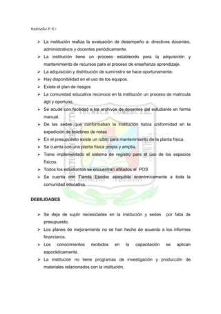 RedIseño P.E.I


       La institución realiza la evaluación de desempeño a: directivos docentes,
       administrativos y docentes periódicamente.
       La institución tiene un proceso establecido para la adquisición y
       mantenimiento de recursos para el proceso de enseñanza aprendizaje.
       La adquisición y distribución de suministro se hace oportunamente.
       Hay disponibilidad en el uso de los equipos.
       Existe el plan de riesgos
       La comunidad educativa reconoce en la institución un proceso de matricula
       ágil y oportuno.
       Se acude con facilidad a los archivos de docentes del estudiante en forma
       manual.
       De las sedes que conformaban la institución había uniformidad en la
       expedición de boletines de notas
       En el presupuesto existe un rubro para mantenimiento de la planta física.
       Se cuenta con una planta física propia y amplia.
       Tiene implementado el sistema de registro para el uso de los espacios
       físicos.
       Todos los estudiantes se encuentran afiliados al POS
       Se cuenta con Tienda Escolar asequible económicamente a toda la
       comunidad educativa.


DEBILIDADES


       Se deja de suplir necesidades en la institución y sedes           por falta de
       presupuesto.
       Los planes de mejoramiento no se han hecho de acuerdo a los informes
       financieros.
       Los       conocimientos     recibidos   en    la   capacitación   se   aplican
       esporádicamente.
       La institución no tiene programas de investigación y producción de
       materiales relacionados con la institución.
 