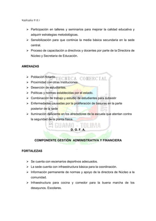 RedIseño P.E.I


       Participación en talleres y seminarios para mejorar la calidad educativa y
       adquirir estrategias metodológicas.
       Sensibilización para que continúe la media básica secundaria en la sede
       central.
       Proceso de capacitación a directivos y docentes por parte de la Directora de
       Núcleo y Secretaria de Educación.


AMENAZAS


       Población flotante.
       Proximidad con otras Instituciones.
       Deserción de estudiantes.
       Políticas y normas establecidas por el estado.
       Combinación de trabajo y estudio de estudiantes para subsistir
       Enfermedades causadas por la proliferación de basuras en la parte
       posterior de la sede
       Iluminación deficiente en los alrededores de la escuela que atentan contra
       la seguridad de la planta física.


                                      D. O. F. A.


         COMPONENTE GESTIÓN ADMINISTRATIVA Y FINANCIERA


FORTALEZAS


       Se cuenta con escenarios deportivos adecuados.
       La sede cuenta con infraestructura básica para la coordinación.
       Información permanente de normas y apoyo de la directora de Núcleo a la
       comunidad.
       Infraestructura para cocina y comedor para la buena marcha de los
       desayunos. Escolares.
 