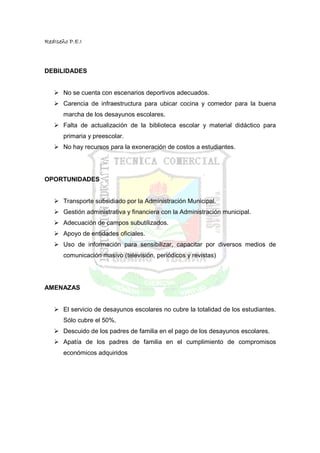 RedIseño P.E.I



DEBILIDADES


       No se cuenta con escenarios deportivos adecuados.
       Carencia de infraestructura para ubicar cocina y comedor para la buena
       marcha de los desayunos escolares.
       Falta de actualización de la biblioteca escolar y material didáctico para
       primaria y preescolar.
       No hay recursos para la exoneración de costos a estudiantes.




OPORTUNIDADES


       Transporte subsidiado por la Administración Municipal.
       Gestión administrativa y financiera con la Administración municipal.
       Adecuación de campos subutilizados.
       Apoyo de entidades oficiales.
       Uso de información para sensibilizar, capacitar por diversos medios de
       comunicación masivo (televisión, periódicos y revistas)




AMENAZAS


       El servicio de desayunos escolares no cubre la totalidad de los estudiantes.
       Sólo cubre el 50%.
       Descuido de los padres de familia en el pago de los desayunos escolares.
       Apatía de los padres de familia en el cumplimiento de compromisos
       económicos adquiridos
 