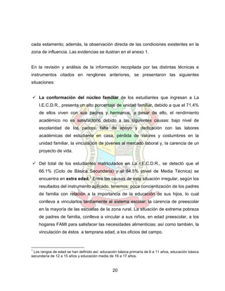 cada estamento; además, la observación directa de las condiciones existentes en la
zona de influencia. Las evidencias se ilustran en el anexo 1.


En la revisión y análisis de la información recopilada por las distintas técnicas e
instrumentos citados en renglones anteriores, se presentaron las siguientes
situaciones:


 La conformación del núcleo familiar de los estudiantes que ingresan a La
    I.E.C.D.R., presenta un alto porcentaje de unidad familiar, debido a que el 71.4%
    de ellos viven con sus padres y hermanos; a pesar de ello, el rendimiento
    académico no es satisfactorio debido a las siguientes causas: bajo nivel de
    escolaridad de los padres, falta de apoyo y dedicación con las labores
    académicas del estudiante en casa, pérdida de valores y costumbres en la
    unidad familiar, la vinculación de jóvenes al mercado laboral y, la carencia de un
    proyecto de vida.

 Del total de los estudiantes matriculados en La I.E.C.D.R., se detectó que el
    66.1% (Ciclo de Básica Secundaria) y el 64.5% (nivel de Media Técnica) se
    encuentra en extra edad.1 Entre las causas de esta situación irregular, según los
    resultados del instrumento aplicado, tenemos: poca concientización de los padres
    de familia con relación a la importancia de la educación de sus hijos, lo cual
    conlleva a vincularlos tardíamente al sistema escolar; la carencia de preescolar
    en la mayoría de las escuelas de la zona rural. La situación de extrema pobreza
    de padres de familia, conlleva a vincular a sus niños, en edad preescolar, a los
    hogares FAMI para satisfacer las necesidades alimenticias; así como también, la
    vinculación de éstos a temprana edad, a los oficios del campo.



1
 Los rangos de edad se han definido así: educación básica primaría de 6 a 11 años, educación básica
secundaría de 12 a 15 años y educación media de 16 a 17 años.


                                                20
 