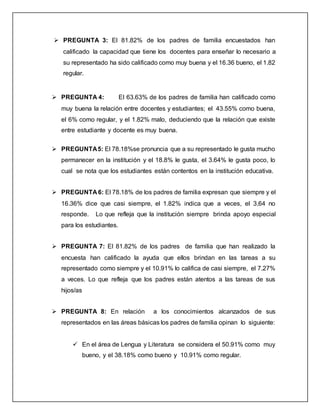  PREGUNTA 3: El 81.82% de los padres de familia encuestados han
calificado la capacidad que tiene los docentes para enseñar lo necesario a
su representado ha sido calificado como muy buena y el 16.36 bueno, el 1.82
regular.
 PREGUNTA 4: El 63.63% de los padres de familia han calificado como
muy buena la relación entre docentes y estudiantes; el 43.55% como buena,
el 6% como regular, y el 1.82% malo, deduciendo que la relación que existe
entre estudiante y docente es muy buena.
 PREGUNTA5: El 78.18%se pronuncia que a su representado le gusta mucho
permanecer en la institución y el 18.8% le gusta, el 3.64% le gusta poco, lo
cual se nota que los estudiantes están contentos en la institución educativa.
 PREGUNTA 6: El 78.18% de los padres de familia expresan que siempre y el
16.36% dice que casi siempre, el 1.82% indica que a veces, el 3,64 no
responde. Lo que refleja que la institución siempre brinda apoyo especial
para los estudiantes.
 PREGUNTA 7: El 81.82% de los padres de familia que han realizado la
encuesta han calificado la ayuda que ellos brindan en las tareas a su
representado como siempre y el 10.91% lo califica de casi siempre, el 7.27%
a veces. Lo que refleja que los padres están atentos a las tareas de sus
hijos/as
 PREGUNTA 8: En relación a los conocimientos alcanzados de sus
representados en las áreas básicas los padres de familia opinan lo siguiente:
 En el área de Lengua y Literatura se considera el 50.91% como muy
bueno, y el 38.18% como bueno y 10.91% como regular.
 