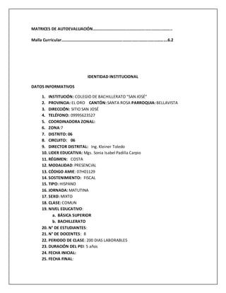 MATRICES DE AUTOEVALUACIÓN…………………………………………………………………..
Malla Curricular………………………………………………………………………………………….6.2
IDENTIDAD INSTITUCIONAL
DATOS INFORMATIVOS
1. INSTITUCIÓN: COLEGIO DE BACHILLERATO “SAN JOSÉ”
2. PROVINCIA: EL ORO CANTÓN: SANTA ROSA PARROQUIA: BELLAVISTA
3. DIRECCIÓN: SITIO SAN JOSÉ
4. TELÉFONO: 09995623527
5. COORDINADORA ZONAL:
6. ZONA:7
7. DISTRITO: 06
8. CIRCUITO: 06
9. DIRECTOR DISTRITAL: Ing. Kleiner Toledo
10. LIDER EDUCATIVA: Mgs. Sonia Isabel Padilla Carpio
11. RÉGIMEN: COSTA
12. MODALIDAD: PRESENCIAL
13. CÓDIGO AMIE: 07H01129
14. SOSTENIMIENTO: FISCAL
15. TIPO: HISPANO
16. JORNADA: MATUTINA
17. SEXO: MIXTO
18. CLASE: COMUN
19. NIVEL EDUCATIVO:
a. BÁSICA SUPERIOR
b. BACHILLERATO
20. N° DE ESTUDIANTES:
21. N° DE DOCENTES: 8
22. PERIODO DE CLASE: 200 DIAS LABORABLES
23. DURACIÓN DEL PEI: 5 años
24. FECHA INICIAL:
25. FECHA FINAL:
 