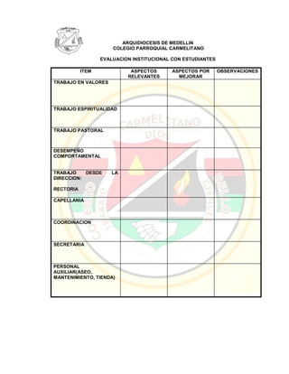 ARQUIDIOCESIS DE MEDELLIN
COLEGIO PARROQUIAL CARMELITANO
EVALUACION INSTITUCIONAL CON ESTUDIANTES
ITEM ASPECTOS
RELEVANTES
ASPECTOS POR
MEJORAR
OBSERVACIONES
TRABAJO EN VALORES
TRABAJO ESPIRITUALIDAD
TRABAJO PASTORAL
DESEMPEÑO
COMPORTAMENTAL
TRABAJO DESDE LA
DIRECCION:
RECTORIA
CAPELLANIA
COORDINACION
SECRETARIA
PERSONAL
AUXILIAR(ASEO,
MANTENIMIENTO, TIENDA)
 