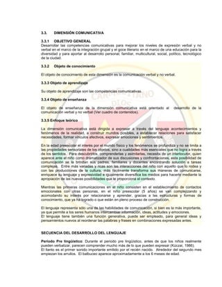3.3. DIMENSIÓN COMUNICATIVA
3.3.1 OBJETIVO GENERAL
Desarrollar las competencias comunicativas para mejorar los niveles de expresión verbal y no
verbal en el marco de la integración grupal y el goce literario en el marco de una educación para la
diversidad y para aportar al desarrollo personal, familiar, multicultural, social, político, tecnológico
de la ciudad.
3.3.2 Objeto de conocimiento
El objeto de conocimiento de esta dimensión es la comunicación verbal y no verbal.
3.3.3 Objeto de aprendizaje
Su objeto de aprendizaje son las competencias comunicativas.
3.3.4 Objeto de enseñanza
El objeto de enseñanza de la dimensión comunicativa está orientado al desarrollo de la
comunicación verbal y no verbal (Ver cuadro de contenidos).
3.3.5 Enfoque teórico
La dimensión comunicativa está dirigida a expresar a través del lenguaje acontecimientos y
fenómenos de la realidad, a construir mundos posibles, a establecer relaciones para satisfacer
necesidades, formar vínculos afectivos, expresar emociones y sentimientos.
En la edad preescolar el interés por el mundo físico y los fenómenos se profundiza y no se limita a
las propiedades sensoriales de los objetos, sino a cualidades más esenciales que no logra a través
de los sentidos. Para descubrirlos, comprenderlas y asimilarlas, necesita de un interlocutor, quien
aparece ante el niño como dramatizador de sus discusiones y confrontaciones, esta posibilidad de
comunicación se la brindan sus padres, familiares y docentes encontrando solución a tareas
complejas. Entre más variadas y ricas son las interacciones del niño con aquello que lo rodea y
con las producciones de la cultura, más fácilmente transforma sus maneras de comunicarse,
enriquece su lenguaje y expresividad e igualmente diversifica los medios para hacerlo mediante la
apropiación de las nuevas posibilidades que le proporciona el contexto.
Mientras las primeras comunicaciones en el niño consisten en el establecimiento de contactos
emocionales con otras personas, en el niño preescolar (5 años) se van complejizando y
acomodando su interés por relacionarse y aprender, gracias a las estructuras y formas de
conocimiento, que ya ha logrado o que están en pleno proceso de construcción.
El lenguaje representa sólo una de las habilidades de comunicación, si bien es la más importante,
ya que permite a los seres humanos intercambiar información, ideas, actitudes y emociones.
El lenguaje tiene también una función generativa, puede ser empleado, para general ideas y
pensamientos nuevos al reordenar las palabras y frases en combinaciones expresadas antes.
SECUENCIA DEL DESARROLLO DEL LENGUAJE
Periodo Pre lingüístico: Durante el periodo pre lingüístico, antes de que los niños realmente
pueden verbalizar, parecen comprender mucho más de lo que pueden expresar (Kúczai, 1986).
El llanto es el primer sonido importante emitido por el recién nacido. Alrededor del segundo mes
empiezan los arrullos. El balbuceo aparece aproximadamente a los 6 meses de edad.
 
