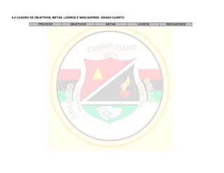 9.4 CUADRO DE OBJETIVOS, METAS, LOGROS E INDICADORES GRADO CUARTO
PROCESO OBJETIVOS METAS LOGROS INDICADORES
 