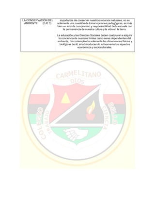 LA CONSERVACIÓN DEL
AMBIENTE (EJE 3)
importancia de conservar nuestros recursos naturales, no es
solamente una cuestión de tomar opciones pedagógicas, es más
bien un acto de compromiso y responsabilidad de la escuela con
la permanencia de nuestra cultura y la vida en la tierra.
La educación y las Ciencias Sociales deben coadyuvar a adquirir
la conciencia de nuestros límites como seres dependientes del
ambiente, no contemplando solamente las dimensiones físicas y
biológicas de él, sino introduciendo activamente los aspectos
económicos y socioculturales.
 