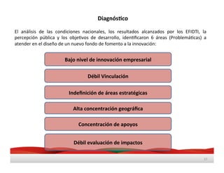 El	
   análisis	
   de	
   las	
   condiciones	
   nacionales,	
   los	
   resultados	
   alcanzados	
   por	
   los	
   EFIDTI,	
   la	
  
percepción	
   pública	
   y	
   los	
   objeMvos	
   de	
   desarrollo,	
   idenMﬁcaron	
   6	
   áreas	
   (ProblemáMcas)	
   a	
  
atender	
  en	
  el	
  diseño	
  de	
  un	
  nuevo	
  fondo	
  de	
  fomento	
  a	
  la	
  innovación:	
  
17	
  
Bajo	
  nivel	
  de	
  innovación	
  empresarial	
  
Débil	
  Vinculación	
  
Indeﬁnición	
  de	
  áreas	
  estratégicas	
  
Alta	
  concentración	
  geográﬁca	
  
Concentración	
  de	
  apoyos	
  
Débil	
  evaluación	
  de	
  impactos	
  
DiagnósBco	
  
 
