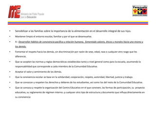 •   Sensibilizar a las familias sobre la importancia de la alimentación en el desarrollo integral de sus hijos.
•   Mantener limpio el entorno escolar, familiar y por el que se desenvuelva.

•   4.- Desarrollar hábitos de convivencia pacífica y relación humana, fomentado valores, éticos y morales hacia uno mismo y
    los demás.

•   Fomentar el respeto hacia los demás, sin discriminación por razón de sexo, edad, raza o cualquier otro rasgo que les
    diferencie.

•   Que se acepten las normas y reglas democráticas establecidas tanto a nivel general como para la escuela, asumiendo la
    responsabilidad que corresponde a cada miembro de la Comunidad Educativa.

•   Aceptar el valor y sentimiento de los demás.

•   Que la convivencia escolar se base en la solidaridad, cooperación, respeto, autoridad, libertad, justicia y trabajo.

•   Que se conozcan y respeten los derechos y deberes de los estudiantes, así como los del resto de la Comunidad Educativa.

•   Que se conozca y respete la organización del Centro Educativo en el que conviven, las formas de participación, su proyecto
    educativo, su reglamento de régimen interno..y cualquier otro tipo de estructura y documento que influya directamente en
    su convivencia
 