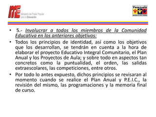 • 5.- Involucrar a todos los miembros de la Comunidad
  Educativa en los anteriores objetivos:
• Todos los principios de identidad, así como los objetivos
  que los desarrollan, se tendrán en cuenta a la hora de
  elaborar el proyecto Educativo Integral Comunitario, el Plan
  Anual y los Proyectos de Aula; y sobre todo en aspectos tan
  concretos como la puntualidad, el orden, las salidas
  extraescolares, las competiciones, entre otros.
• Por todo lo antes expuesto, dichos principios se revisaran al
  momento cuando se realice el Plan Anual y P.E.I.C., la
  revisión del mismo, las programaciones y la memoria final
  de curso.
 
