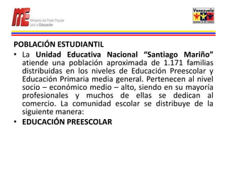 POBLACIÓN ESTUDIANTIL
• La Unidad Educativa Nacional “Santiago Mariño”
  atiende una población aproximada de 1.171 familias
  distribuidas en los niveles de Educación Preescolar y
  Educación Primaria media general. Pertenecen al nivel
  socio – económico medio – alto, siendo en su mayoría
  profesionales y muchos de ellas se dedican al
  comercio. La comunidad escolar se distribuye de la
  siguiente manera:
• EDUCACIÓN PREESCOLAR
 
