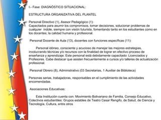 I.- Fase: DIAGNÓSTICO SITUACIONAL:
ESTRUCTURA ORGANIZATIVA DEL PLANTEL
Personal Directivo (1), Asesor Pedagógico (1):
Capacitados para asumir los compromisos, tomar decisiones, solucionar problemas de
cualquier índole, siempre con visión futurista, fomentando tanto en los estudiantes como en
los docentes; la calidad humana y profesional.
Personal Docente de Aula (13), docentes con funciones específicas (11):
Personal idóneo, consciente y acucioso de manejar las mejores estrategias,
involucrando técnicas y/o recursos con la finalidad de lograr en efectivo proceso de
enseñanza y aprendizaje. Este personal está debidamente capacitado: Licenciados y
Profesores. Cabe destacar que asisten frecuentemente a cursos y/o talleres de actualización
profesional.
Personal Obrero (8), Administrativo (03 Secretarias, 1 Auxiliar de Biblioteca)
Personas serias, trabajadoras, responsables en el cumplimiento de las actividades
encomendadas.
Asociaciones Educativas:
Esta Institución cuenta con: Movimiento Bolivariano de Familia, Consejo Educativo,
Colectivos estudiantiles: Grupos estables de Teatro Cesar Rengifo, de Salud, de Ciencia y
Tecnología, Cultura, entre otros
 