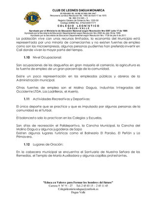 CLUB DE LEONES DAGUAMONARCA
FUNDADO EL 10 DEJUNIO DE1967
Personería Jurídica Resolución No. 1460 de Abril 17 de 1970
Nit. 890 312 040 – 3
Registro Cámara de Comercio Nro. 1220-50
Código DANE No. 376233001171
C O L E G I O L E O N Í S T I C O
D A G U A – V A L L E
Aprobado por el Ministerio de Educación Nacional según Resolución Nro 0397 Julio 17 de 1995
Aprobado por la Secretaría de Educación Departamental según Resolución Nro 2060 de Julio 09 de 1999
Aprobado por la Secretaria de Educacion Departamental según Resolucion Nro. 1739 de julio 6 de 2011
“Educa en Valores para Formar los hombres del futuro”
Carrera 9 N° 9 – 27 Tel: 2 45 03 15 – 2 45 11 45
Colegioleonisticodagua@outlook.es
Dagua Valle
La población vive con unos recursos limitados, la economía del Municipio está
representada por una minoría de comerciantes y no existen fuentes de empleo
como son las microempresas, algunas personas pudientes han preferido invertir en
Cali donde viven la mayor parte del tiempo.
1.10 Nivel Ocupacional:
Son ocupaciones de los dagueños en gran mayoría el comercio, la agricultura es
la fuente de empleo de un gran porcentaje de la comunidad.
Existe un poco representación en los empleados públicos y obreros de la
Administración municipal.
Otras fuentes de empleo son el Molino Dagua, Industrias Integradas del
Occidente LTDA, Las Ladrilleras, el Aserrío.
1.11 Actividades Recreativas y Deportivas:
El único deporte que se practica y que es impulsado por algunas personas de la
comunidad es el futbol.
.
El baloncesto solo lo practican en los Colegios y Escuelas.
Son sitios de recreación el Polideportivo, la Cancha Municipal, la Cancha del
Molino Dagua y algunos jugaderos de Sapo
Existen algunos lugares turísticos como el Balneario El Paraíso, El Peñón y La
Primavera.
1.12 Lugares de Oración:
En la cabecera municipal se encuentra el Santuario de Nuestra Señora de los
Remedios, el Templo de María Auxiliadora y algunas capillas protestantes.
 