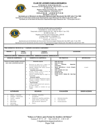 CLUB DE LEONES DAGUAMONARCA
FUNDADO EL 10 DEJUNIO DE1967
Personería Jurídica Resolución No. 1460 de Abril 17 de 1970
Nit. 890 312 040 – 3
Registro Cámara de Comercio Nro. 1220-50
Código DANE No. 376233001171
C O L E G I O L E O N Í S T I C O
D A G U A – V A L L E
Aprobado por el Ministerio de Educación Nacional según Resolución Nro 0397 Julio 17 de 1995
Aprobado por la Secretaría de Educación Departamental según Resolución Nro 2060 de Julio 09 de 1999
Aprobado por la Secretaria de Educacion Departamental según Resolucion Nro. 1739 de julio 6 de 2011
“Educa en Valores para Formar los hombres del futuro”
Carrera 9 N° 9 – 27 Tel: 2 45 03 15 – 2 45 11 45
Colegioleonisticodagua@outlook.es
Dagua Valle
CLUB DE LEONES DAGUA MONARCA
FUNDADO EL 10 DE JUNIO DE 1967
Personería Jurídica Resolución No. 1460 de Abril 17 de 1970
Nit. 890 312 040 – 3
Registro Cámara de Comercio Nro. 1220-50
Código DANE No. 376233001171
C O L E G I O L E O N Í S T I C O
D A G U A – V A L L E
Aprobado por el Ministerio de Educación Nacional según Resolución Nro 0397 Julio 17 de 1995
Aprobado por la Secretaría de Educación Departamental según Resolución Nro 2060 de Julio 09 de 1999
PLAN DE AULA
TEMA GENERATIVO: PROYECTO No 1 “ COMPARTO CON NUEVOS COMPAÑEROS “
PERIODO: 1 GRADO:
pre jardín
COLEGIO:
LEONISTICO
ASIGNATURA:
DIMENSION CORPORAL –DIMENSION COMUNICATIVA – DIMENSION COGNITIVA- DIMENSION ETICA
UNIDAD DE COMPETENCIA ELEMENTOS DE COMPETENCIA EJES TEMÁTICOS METODOLOGÍA
Conozco mi cuerpo y practico normas de
aseo, orden y presentación personal.
Dimensión corporal:
 Reconoce las part es de su cuerpo y las
funciones element ales de cada una.
 Adquiere habilidad para aplicar pint uras
con el dedo índice.
Dimensión comunicativa
 Escucha, ent ona y lleva el rit mo de
canciones y rondas infant iles.
 Formula y responde pregunt as según sus
necesidades.
Dimensión cognitiva
 Ident ifica las figuras geomét ricas (circulo,
t riangulo, cuadrado), y diferent es objet os
que t ienen su forma.
Dimensión ética
 Cuida su buena present ación personal y
sus hábit os de aseo.
 Recoge y ordena el mat erial con que
t rabaja.
 Partes del cuerpo.
 Partes de la cara.
 Trazos (verticales, diagonales,
horizontales).
 Figuras geométricas ( circulo, triangulo,
cuadrado)
 Color– amarillo, azul y rojo.
 Aseo personal.
 Prendas de vestir.
 Noción: encima – debajo, alto – bajo, largo
- corto
I – A – P
ACTIVIDADES RECURSOS EVALUACIÓN OBSERVACIONES
 Dibujos – coloreado
 Diálogos – narraciones
 Cantos - poesías
 Lecturas -
 Recortado
 Decorado
 Punzar dibujos
 Humanos : docentes,
estudiantes
 Didácticos: plastilina, periódico,
papel silueta, cartulina, ega,
lana escarcha, tijeras etc
 Físicos
 Heteroevaluación
 Coevaluación
 Autoevaluación
 
