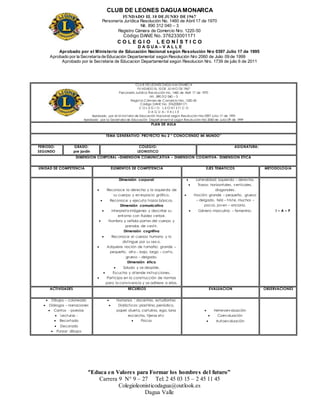 CLUB DE LEONES DAGUAMONARCA
FUNDADO EL 10 DEJUNIO DE1967
Personería Jurídica Resolución No. 1460 de Abril 17 de 1970
Nit. 890 312 040 – 3
Registro Cámara de Comercio Nro. 1220-50
Código DANE No. 376233001171
C O L E G I O L E O N Í S T I C O
D A G U A – V A L L E
Aprobado por el Ministerio de Educación Nacional según Resolución Nro 0397 Julio 17 de 1995
Aprobado por la Secretaría de Educación Departamental según Resolución Nro 2060 de Julio 09 de 1999
Aprobado por la Secretaria de Educacion Departamental según Resolucion Nro. 1739 de julio 6 de 2011
“Educa en Valores para Formar los hombres del futuro”
Carrera 9 N° 9 – 27 Tel: 2 45 03 15 – 2 45 11 45
Colegioleonisticodagua@outlook.es
Dagua Valle
CLU B DE LEONES DAGU AM ONARCA
FU NDADO EL 10 DE JU NIO DE 1967
Personería Jurídica Resolución No. 1460 de Abril 17 de 1970
Nit . 890 312 040 – 3
Regist ro Cámara de Comercio Nro. 1220-50
Código DANE No. 376233001171
C O L E G I O L E O N Í S T I C O
D A G U A– V A L L E
Aprobado por el M inist erio de Educación Nacional según Resolución Nro 0397 Julio 17 de 1995
Aprobado por la Secret aría de Educación Depart ament al según Resolución Nro 2060 de Julio 09 de 1999
PLAN DE AULA
TEMA GENERATIVO: PROYECTO No 2 “ CONOCIENDO MI MUNDO”
PERIODO:
SEGUNDO
GRADO:
pre jardín
COLEGIO:
LEONISTICO
ASIGNATURA:
DIMENSION CORPORAL –DIMENSION COMUNICATIVA – DIMENSION COGNITIVA- DIMENSION ETICA
UNIDAD DE COMPETENCIA ELEMENTOS DE COMPETENCIA EJES TEMÁTICOS METODOLOGÍA
Dimensión corporal:
 Reconoce la derecha y la izquierda de
su cuerpo y en espacio gráfico.
 Reconoce y ejecuta trazos básicos.
Dimensión comunicativa
 interpreta imágenes y describe su
entorno con fluidez verbal.
 Nombra y señala partes del cuerpo y
prendas de vestir.
Dimensión cognitiva
 Reconoce el cuerpo humano y lo
distingue por su sex o.
 Adquiere noción de tamaño: grande –
pequeño, alto – bajo, largo – corto,
grueso – delgado.
Dimensión ética
 Saluda y se despide.
 Escucha y atiende instrucciones.
 Participa en la construcción de normas
para la convivencia y se adhiere a ellas.
 Lateralidad: izquierda – derecha.
 Trazos: horizontales, verticales,
diagonales.
 Noción: grande – pequeño, grueso
– delgado, feliz – triste, muchos –
pocos, joven – anciano.
 Género masculino – femenino. I – A – P
ACTIVIDADES RECURSOS EVALUACIÓN OBSERVACIONES
 Dibujos – coloreado
 Diálogos – narraciones
 Cantos - poesías
 Lecturas -
 Recortado
 Decorado
 Punzar dibujos
 Humanos : docentes, estudiantes
 Didácticos: plastilina, periódico,
papel silueta, cartulina, ega, lana
escarcha, tijeras etc
 Físicos
 Heteroevaluación
 Coevaluación
 Autoevaluación
 