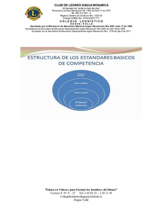 CLUB DE LEONES DAGUAMONARCA
FUNDADO EL 10 DEJUNIO DE1967
Personería Jurídica Resolución No. 1460 de Abril 17 de 1970
Nit. 890 312 040 – 3
Registro Cámara de Comercio Nro. 1220-50
Código DANE No. 376233001171
C O L E G I O L E O N Í S T I C O
D A G U A – V A L L E
Aprobado por el Ministerio de Educación Nacional según Resolución Nro 0397 Julio 17 de 1995
Aprobado por la Secretaría de Educación Departamental según Resolución Nro 2060 de Julio 09 de 1999
Aprobado por la Secretaria de Educacion Departamental según Resolucion Nro. 1739 de julio 6 de 2011
“Educa en Valores para Formar los hombres del futuro”
Carrera 9 N° 9 – 27 Tel: 2 45 03 15 – 2 45 11 45
Colegioleonisticodagua@outlook.es
Dagua Valle
 