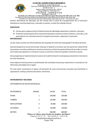 CLUB DE LEONES DAGUAMONARCA
FUNDADO EL 10 DEJUNIO DE1967
Personería Jurídica Resolución No. 1460 de Abril 17 de 1970
Nit. 890 312 040 – 3
Registro Cámara de Comercio Nro. 1220-50
Código DANE No. 376233001171
C O L E G I O L E O N Í S T I C O
D A G U A – V A L L E
Aprobado por el Ministerio de Educación Nacional según Resolución Nro 0397 Julio 17 de 1995
Aprobado por la Secretaría de Educación Departamental según Resolución Nro 2060 de Julio 09 de 1999
Aprobado por la Secretaria de Educacion Departamental según Resolucion Nro. 1739 de julio 6 de 2011
“Educa en Valores para Formar los hombres del futuro”
Carrera 9 N° 9 – 27 Tel: 2 45 03 15 – 2 45 11 45
Colegioleonisticodagua@outlook.es
Dagua Valle
Diseñar alternativas de adecuado uso del tiempo libre a través de la programación de la institución
educativa en eventos deportivos, culturales y sociales, a través de la banda marcial.
ESPECIFICOS
 Formar para la adquisición/o fortalecimiento de habilidades deportivas, artísticas-culturales.
 Promoverlaparticipaciónde lainstitucióneducativaendiversoseventos artísticos-culturales, y de
participación con la banda marcial en competencias locales, regionales y nacionales
METODOLOGIA
Las dos sedes cuentan con 253 estudiantes de los grados de transición hasta grado 5° de básica primaria.
Se pretende generarunaconcienciaque implique el deporte y la cultura, por eso queremos implementar
laspracticas musicalesyartísticasen horarioscontrariosyutilizarlosespaciosfísicos de las seden en horas
de la tarde para capacitar en iniciación musical, en primera instancia los grados transición y quinto.
Estos programasse implementaranenasocioconlaadministraciónmunicipalque proveerálosinstructores
de estas disciplinas.
Comoobjetivo final queremos la conformación de una banda musical que represente el municipio en las
diferentes actividades de la región.
Por esta razón necesitamos el apoyo y financiación de unos instrumentos musicales que facilitarían la
capacitación, manejo y destreza de dichos elementos.
INSTRUMENTOS Y RECURSOS
INSTRUMENTOS DE INICIACION MUSICAL
INSTRUMENTO UNIDAD VALOR TOTAL
PIANO 1 230.000 230.000
TAMBOR 3 120.000 360.000
MATALOFONOS 6 40.000 240.000
GUITARRAS 6 120.000 720.000
BATERIA 1 600.000 600.000
 