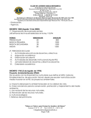 CLUB DE LEONES DAGUAMONARCA
FUNDADO EL 10 DEJUNIO DE1967
Personería Jurídica Resolución No. 1460 de Abril 17 de 1970
Nit. 890 312 040 – 3
Registro Cámara de Comercio Nro. 1220-50
Código DANE No. 376233001171
C O L E G I O L E O N Í S T I C O
D A G U A – V A L L E
Aprobado por el Ministerio de Educación Nacional según Resolución Nro 0397 Julio 17 de 1995
Aprobado por la Secretaría de Educación Departamental según Resolución Nro 2060 de Julio 09 de 1999
Aprobado por la Secretaria de Educacion Departamental según Resolucion Nro. 1739 de julio 6 de 2011
“Educa en Valores para Formar los hombres del futuro”
Carrera 9 N° 9 – 27 Tel: 2 45 03 15 – 2 45 11 45
Colegioleonisticodagua@outlook.es
Dagua Valle
- Graduación.
- Vigencia.
DECRETO 1850 (Agosto 13 de 2002)
1º. Organización de la jornada escolar
(40 semanas lectivas establecidas en la ley 115/94
HORAS SEMANALES ANUALES
PREESCOLAR 20 800
BÁSICA PRIMARIA 25 1000
BÁSICA SECUNDARIA 30 1200
MEDIA 30 1200
2º. PERIODOS DE CLASE
I. Actividades educativas de docentes y directivos
II. Asignación académica
III. Orientación estudiantil
IV. Actividades de desarrollo institucional (Ajuste PEI)
V. Jornada laboral de docentes y directivos docentes
VI. Calendario académico
DECRETO 1743 (3 de Agosto de 1994)
Proyecto Ambiental Escolar (PRAE)
De acuerdo con los lineamientos curriculares que define el MEN, todos los
Establecimientos de educación formal, desde pre-escolar hasta Educación
media incluirán en el PEI, los proyectos ambientales:
a. Impacto del proyecto ambiental escolar en la calidad de vida.
b- Crear conciencia para la conservación, protección y mejoramiento del medio
ambiente.
c. Uso racional de los recursos naturales.
d. Prevención de los recursos naturales.
e. Cultura ecológica
f. Defensa del patrimonio.
 