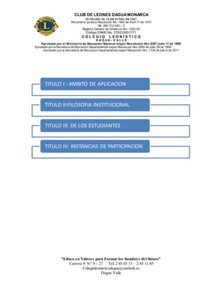 CLUB DE LEONES DAGUAMONARCA
FUNDADO EL 10 DEJUNIO DE1967
Personería Jurídica Resolución No. 1460 de Abril 17 de 1970
Nit. 890 312 040 – 3
Registro Cámara de Comercio Nro. 1220-50
Código DANE No. 376233001171
C O L E G I O L E O N Í S T I C O
D A G U A – V A L L E
Aprobado por el Ministerio de Educación Nacional según Resolución Nro 0397 Julio 17 de 1995
Aprobado por la Secretaría de Educación Departamental según Resolución Nro 2060 de Julio 09 de 1999
Aprobado por la Secretaria de Educacion Departamental según Resolucion Nro. 1739 de julio 6 de 2011
“Educa en Valores para Formar los hombres del futuro”
Carrera 9 N° 9 – 27 Tel: 2 45 03 15 – 2 45 11 45
Colegioleonisticodagua@outlook.es
Dagua Valle
TITULO I : AMBITO DE APLICACION
TITULO II:FILOSOFIA INSTITUCIONAL
TITULO III: DE LOS ESTUDIANTES
TITULO IV: INSTANCIAS DE PARTICIPACION
 