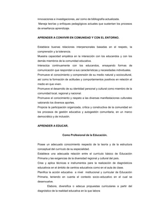innovaciones e investigaciones, así como de bibliografía actualizada.
- Maneja teorías y enfoques pedagógicos actuales que sustentan los procesos
de enseñanza aprendizaje.
APRENDER A CONVIVIR EN COMUNIDAD Y CON EL ENTORNO.
- Establece buenas relaciones interpersonales basadas en el respeto, la
comprensión y la tolerancia.
- Muestra capacidad empática en la interacción con los educandos y con los
demás miembros de la comunidad educativa.
- Interactúa continuamente con los educandos, ensayando formas de
comunicación que respondan a sus características y necesidades individuales.
- Promueve el conocimiento y comprensión de su medio natural y sociocultural,
así como la formación de actitudes y comportamientos positivos en relación al
medio en que viven.
- Promueve el desarrollo de su identidad personal y cultural como miembro de la
comunidad local, regional y nacional.
- Promueve el conocimiento y respeto a las diversas manifestaciones culturales
valorando los diversos aportes.
- Propicia la participación organizada, crítica y constructiva de la comunidad en
los procesos de gestión educativa y autogestión comunitaria, en un marco
democrático y de inclusión.
APRENDER A EDUCAR.
Como Profesional de la Educación.
- Posee un adecuado conocimiento respecto de la teoría y de la estructura
conceptual del currículo de su especialidad.
- Establece una adecuada relación entre el currículo básico de Educación
Primaria y las exigencias de la diversidad regional y cultural del país.
- Crea y aplica técnicas e instrumentos para la realización de diagnósticos
educativos en el ámbito de centros educativos como en el aula de clase.
- Planifica la acción educativa a nivel institucional y curricular de Educación
Primaria, teniendo en cuenta el contexto socio–educativo en el cual se
desenvuelve.
- Elabora, diversifica o adecua propuestas curriculares a partir del
diagnóstico de la realidad educativa en la que labora
 