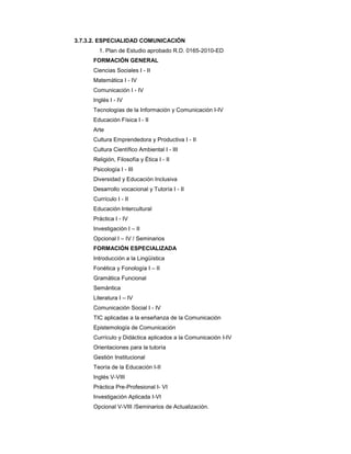 3.7.3.2. ESPECIALIDAD COMUNICACIÓN
1. Plan de Estudio aprobado R.D. 0165-2010-ED
FORMACIÓN GENERAL
Ciencias Sociales I - II
Matemática I - IV
Comunicación I - IV
Inglés I - IV
Tecnologías de la Información y Comunicación I-IV
Educación Física I - II
Arte
Cultura Emprendedora y Productiva I - II
Cultura Científico Ambiental I - III
Religión, Filosofía y Ética I - II
Psicología I - III
Diversidad y Educación Inclusiva
Desarrollo vocacional y Tutoría I - II
Currículo I - II
Educación Intercultural
Práctica I - IV
Investigación I – II
Opcional I – IV / Seminarios
FORMACIÓN ESPECIALIZADA
Introducción a la Lingüística
Fonética y Fonología I – II
Gramática Funcional
Semántica
Literatura I – IV
Comunicación Social I - IV
TIC aplicadas a la enseñanza de la Comunicación
Epistemología de Comunicación
Currículo y Didáctica aplicados a la Comunicación I-IV
Orientaciones para la tutoría
Gestión Institucional
Teoría de la Educación I-II
Inglés V-VIII
Práctica Pre-Profesional I- VI
Investigación Aplicada I-VI
Opcional V-VIII /Seminarios de Actualización.
 