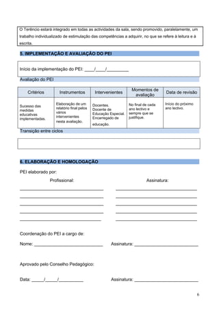 O Terêncio estará integrado em todas as actividades da sala, sendo promovido, paralelamente, um
trabalho individualizado de estimulação das competências a adquirir, no que se refere à leitura e à
escrita.

5. IMPLEMENTAÇÃO E AVALIAÇÃO DO PEI


Início da implementação do PEI: ____/____/_________

Avaliação do PEI

                                                                  Momentos de
     Critérios        Instrumentos           Intervenientes                         Data de revisão
                                                                   avaliação

                    Elaboração de um        Docentes.            No final de cada   Início do próximo
Sucesso das
                    relatório final pelos   Docente de           ano lectivo e      ano lectivo.
medidas
                    vários                  Educação Especial.   sempre que se
educativas
                    intervenientes          Encarregado de       justifique.
implementadas.
                    nesta avaliação.
                                            educação.
Transição entre ciclos




6. ELABORAÇÃO E HOMOLOGAÇÃO

PEI elaborado por:
                 Profissional:                                             Assinatura:
__________________________________                        _________________________________
__________________________________                        _________________________________
__________________________________                        _________________________________
__________________________________                        _________________________________
_________________________________                         _________________________________


Coordenação do PEI a cargo de:

Nome: ____________________________                      Assinatura: __________________________



Aprovado pelo Conselho Pedagógico:


Data: _____/_____/__________                            Assinatura: __________________________


                                                                                                        6
 