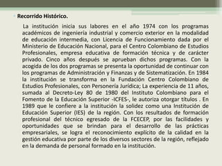 • Recorrido Histórico.
    La institución inicia sus labores en el año 1974 con los programas
   académicos de ingeniería industrial y comercio exterior en la modalidad
   de educación intermedia, con Licencia de Funcionamiento dada por el
   Ministerio de Educación Nacional, para el Centro Colombiano de Estudios
   Profesionales, empresa educativa de formación técnica y de carácter
   privado. Cinco años después se aprueban dichos programas. Con la
   acogida de los dos programas se presenta la oportunidad de continuar con
   los programas de Administración y Finanzas y de Sistematización. En 1984
   la institución se transforma en la Fundación Centro Colombiano de
   Estudios Profesionales, con Personería Jurídica; La experiencia de 11 años,
   sumada al Decreto-Ley 80 de 1980 del Instituto Colombiano para el
   Fomento de la Educación Superior -ICFES-, le autoriza otorgar títulos . En
   1989 que le confiere a la institución la solidez como una Institución de
   Educación Superior (IES) de la región. Con los resultados de formación
   profesional del técnico egresado de la FCECEP, por las facilidades y
   oportunidades que se brindan para el desarrollo de las prácticas
   empresariales, se logra el reconocimiento explícito de la calidad en la
   gestión educativa por parte de los diversos sectores de la región, reflejado
   en la demanda de personal formado en la institución.
 