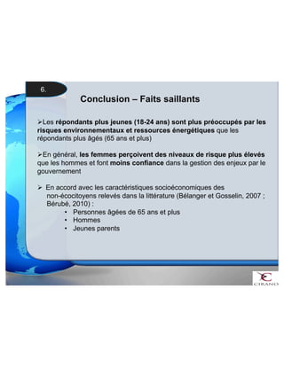 Conclusion – Faits saillants 
6. 
 Les répondants plus jeunes (18-24 ans) sont plus préoccupés par les 
risques environnementaux et ressources énergétiques que les 
répondants plus âgés (65 ans et plus) 
 En général, les femmes perçoivent des niveaux de risque plus élevés 
que les hommes et font moins confiance dans la gestion des enjeux par le 
gouvernement 
 En accord avec les caractéristiques socioéconomiques des 
non-écocitoyens relevés dans la littérature (Bélanger et Gosselin, 2007 ; 
Bérubé, 2010) : 
• Personnes âgées de 65 ans et plus 
• Hommes 
• Jeunes parents 
 