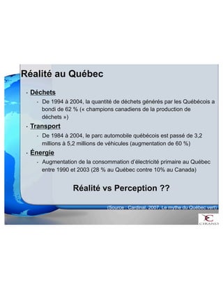 • Déchets 
• De 1994 à 2004, la quantité de déchets générés par les Québécois a 
bondi de 62 % (« champions canadiens de la production de 
déchets ») 
• Transport 
• De 1984 à 2004, le parc automobile québécois est passé de 3,2 
millions à 5,2 millions de véhicules (augmentation de 60 %) 
• Énergie 
• Augmentation de la consommation d’électricité primaire au Québec 
entre 1990 et 2003 (28 % au Québec contre 10% au Canada) 
Réalité vs Perception ?? 
(Source : Cardinal, 2007, Le mythe du Québec vert) 
Réalité au Québec 
 