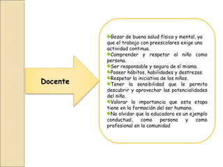 Gozar de buena salud física y mental, ya
          que el trabajo con preescolares exige una
          actividad continua.
            Comprender y respetar al niño como
          persona.
            Ser responsable y segura de sí misma.
            Poseer hábitos, habilidades y destrezas.
            Respetar la iniciativa de los niños.
Docente     Tener la sensibilidad que le permita
          descubrir y aprovechar las potencialidades
          del niño.
            Valorar la importancia que esta etapa
          tiene en la formación del ser humano.
            No olvidar que la educadora es un ejemplo
          conductual,    como      persona    y  como
          profesional en la comunidad
 