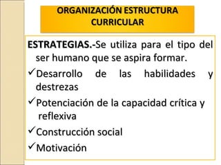 ESTRATEGIAS.-Se utiliza para el tipo del
  ser humano que se aspira formar.
Desarrollo de las habilidades y
  destrezas
Potenciación de la capacidad crítica y
   reflexiva
Construcción social
Motivación
 