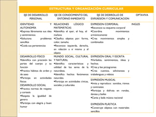 ESTRUCTURA Y ORGANIZACIÓN CURRICULAR

   EJE DE DESARROLLO            EJE DE CONOCIMIENTO DEL                  EJE DE DESRROLLO DE                OPTAVIVA
        PERSONAL                   ENTORNO INMEDIATO                 EXPLRESION Y COMUNICACION

IDENTIDAD                  Y    RELACIONES          LÓGICO           EXPRESION CORPORAL              INGLES
AUTONOMÍA                       MATEMÁTICAS                          •Reconoce su esquema corporal
•Expresa libremente sus idea    •Identifica el ayer, el hoy, el      •Coordina           movimientos
y sentimientos                  mañana                               armónicamente
•Soluciona        problemas     •Clasifica objetos por: forma,       •Crea movimientos simples y
sencillos                       color, tamaño.                       combinados
•Cuida sus pertenencias         •Reconoce izquierda, derecha,
                                en relación a sí mismo y al
                                objeto
DESARROLLO FÍSICO               MUNDO SOCIAL, CULTURAL               EXPRESIÓN ORAL Y ESCRITA
•Identifica con precisión las   Y NATURAL                            •Verbaliza, sentimientos, ideas y
partes del cuerpo y su          •Identifica    características  y    hechos.
función                         utilidad de los seres de la          •Crea y lee pictogramas
•Practica hábitos de orden y    naturaleza.                          •Crea cuentos, adivinanzas y
de aseo                         •Identifica hechos fenómenos         trabalenguas y relatos
•Participa en actividades       naturales.
                                                                     EXPRESIÓN MUSICAL
físicas                         •Participa en actividades cívicas,
                                                                     •Imita y reproduce : sonidos, ritmos
DESARROLLO SOCIAL               sociales y culturales
                                                                     y contrastes
•Practica normas de respeto
                                                                     •Participa y disfruta en rondas,
y cortesía
                                                                     danzas y bailes
•Respeta la igualdad de
                                                                     •Canta y baila música nacional
genero
•Participa con alegría y buen
                                                                     EXPRESIÓN PLÁSTICA
humor                                                                •Construye objetos con materiales
                                                                     sencillos
 