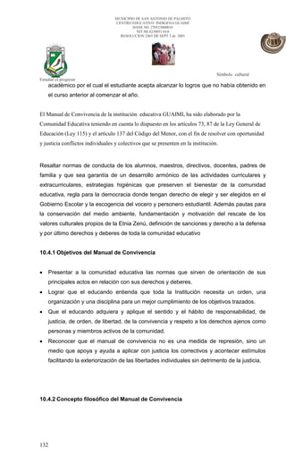 MUNICIPIO DE SAN ANTONIO DE PALMITO
                                   CENTRO EDUCATIVO INDIGENA GUAIMI
                                           DANE N0. 270523000010
                                             NIT.N0.823005110-0
                                     RESOLUCION 2465 DE SEPT 3 de 2003




                                                                                  Símbolo cultural
Estudiar es progresar
    académico por el cual el estudiante acepta alcanzar lo logros que no había obtenido en
    el curso anterior al comenzar el año.


El Manual de Convivencia de la institución educativa GUAIMI, ha sido elaborado por la
Comunidad Educativa teniendo en cuenta lo dispuesto en los artículos 73, 87 de la Ley General de
Educación (Ley 115) y el artículo 137 del Código del Menor, con el fin de resolver con oportunidad
y justicia conflictos individuales y colectivos que se presenten en la institución.


Resaltar normas de conducta de los alumnos, maestros, directivos, docentes, padres de
familia y que sea garantía de un desarrollo armónico de las actividades curriculares y
extracurriculares, estrategias higiénicas que preserven el bienestar de la comunidad
educativa, regla para la democracia donde tengan derecho de elegir y ser elegidos en el
Gobierno Escolar y la escogencia del vocero y personero estudiantil. Además pautas para
la conservación del medio ambiente, fundamentación y motivación del rescate de los
valores culturales propios de la Etnia Zenú, definición de sanciones y derecho a la defensa
y por último derechos y deberes de toda la comunidad educativo


10.4.1 Objetivos del Manual de Convivencia


    Presentar a la comunidad educativa las normas que sirven de orientación de sus
    principales actos en relación con sus derechos y deberes.
    Lograr que el educando entienda que toda la Institución necesita un orden, una
    organización y una disciplina para un mejor cumplimiento de los objetivos trazados.
    Que el educando adquiera y aplique el sentido y el hábito de responsabilidad, de
    justicia, de orden, de libertad, de la convivencia y respeto a los derechos ajenos como
    personas y miembros activos de la comunidad.
    Reconocer que el manual de convivencia no es una medida de represión, sino un
    medio que apoya y ayuda a aplicar con justicia los correctivos y acontecer estímulos
    facilitando la exteriorización de las libertades individuales sin detrimento de la justicia.




10.4.2 Concepto filosófico del Manual de Convivencia




132
 