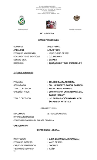 REPUBLICA DE C OLOMBIA
                       CENTRO EDUCATIVO INDIGENA GUAIMI
                       MUNICIPIO DE SAN ANTONIO DE PALMITO
                               DANE N0. 270523000010
                                 NIT.N0.823005110-0
                         RESOLUCION 2465 DE SEPT 3 de 2003




    Símbolo cultural                                          Estudiar es progresar


                             HOJA DE VIDA


                          DATOS PERSONALES


NOMBRES                               : DELCY LINA
APELLIDOS                             : JULIO TOUS
FECHA DE NACIMIENTO                   : 10 DE ENERO DE 1971
DOCUMENTO DE IDENTIDAD                : C.C. 64920863
ESTADO CIVIL                          : CASADA
DIRECCIÓN                             : SANTIAGO DE TOLÚ, B/SAN FELIPE




ESTUDIOS REALIZADOS



PRIMARIA                              : COLEGIO SANTA TERESITA
SECUNDARIA                            : COL: HERIBERTO GARCIA GARRIDO
TITULO OBTENIDO                       : BACHILLER ACADEMICO
UNIVERSITARIOS                        : CORPORACIÓN UNIVERSITARIA DEL
                                        CARIBE “CECAR”
TITULO OBTENIDO                       : LIC. EN EDUCACIÓN INFANTIL CON
                                        ÉNFASIS EN ARTISTICA


                             OTROS ESTUDIOS

DIPLOMADO                             : ETNOEDUCACION E
INTERCULTURALIDAD
CORPORACION MANUEL ZAPATA OLIVELLA

CAPACITACION

                        EXPERIENCIA LABORAL



INSTITUCIÓN                           : C. ED. SAN MIGUEL (MAJAGUAL)
FECHA DE INGRESO                      : MAYO DE 2005
CARGO DESEMPEÑADO                     : DOCENTE
TIEMPO DE SERVICIO                    : 1 AÑO
99
 