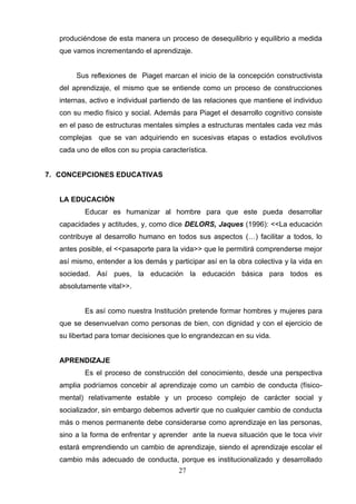 produciéndose de esta manera un proceso de desequilibrio y equilibrio a medida
   que vamos incrementando el aprendizaje.


        Sus reflexiones de Piaget marcan el inicio de la concepción constructivista
   del aprendizaje, el mismo que se entiende como un proceso de construcciones
   internas, activo e individual partiendo de las relaciones que mantiene el individuo
   con su medio físico y social. Además para Piaget el desarrollo cognitivo consiste
   en el paso de estructuras mentales simples a estructuras mentales cada vez más
   complejas que se van adquiriendo en sucesivas etapas o estadios evolutivos
   cada uno de ellos con su propia característica.


7. CONCEPCIONES EDUCATIVAS


   LA EDUCACIÓN
           Educar es humanizar al hombre para que este pueda desarrollar
   capacidades y actitudes, y, como dice DELORS, Jaques (1996): <<La educación
   contribuye al desarrollo humano en todos sus aspectos (…) facilitar a todos, lo
   antes posible, el <<pasaporte para la vida>> que le permitirá comprenderse mejor
   así mismo, entender a los demás y participar así en la obra colectiva y la vida en
   sociedad. Así pues, la educación la educación básica para todos es
   absolutamente vital>>.


           Es así como nuestra Institución pretende formar hombres y mujeres para
   que se desenvuelvan como personas de bien, con dignidad y con el ejercicio de
   su libertad para tomar decisiones que lo engrandezcan en su vida.


   APRENDIZAJE
           Es el proceso de construcción del conocimiento, desde una perspectiva
   amplia podríamos concebir al aprendizaje como un cambio de conducta (físico-
   mental) relativamente estable y un proceso complejo de carácter social y
   socializador, sin embargo debemos advertir que no cualquier cambio de conducta
   más o menos permanente debe considerarse como aprendizaje en las personas,
   sino a la forma de enfrentar y aprender ante la nueva situación que le toca vivir
   estará emprendiendo un cambio de aprendizaje, siendo el aprendizaje escolar el
   cambio más adecuado de conducta, porque es institucionalizado y desarrollado
                                        27
 
