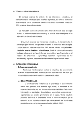 B. CONCEPTOS DE CURRICULO.


         El currículo expresa la síntesis de las intenciones educativas, el
  planteamiento de estrategias para llevarlo a la práctica, así como la evaluación
  de sus logros. En su proceso de construcción abarca dos niveles. Intención:
  DCN; práctica: desarrollo curricular.


         La Institución asume el currículo como Proyecto Social, este concepto
      alude a la intencionalidad del currículo y el rol que este desempeña en la
      política social del país y la localidad.


            El currículo expresa las intenciones educativas, el planteamiento de
      estrategias para llevarlo a la práctica así como la evaluación de sus logros.
      La aplicación no debe ser uniforme, para ello se plantea una propuesta
      curricular abierta, flexible y diversificada, donde la comunidad educativa
      participe activamente en los niveles de concreción y que finalmente en el
      proceso de Enseñanza - Aprendizaje desarrolle capacidades de los
      estudiantes y lograr las competencias debidamente organizado en áreas.


C. ENFOQUE DE APRENDIZAJE
  •     Enfoque constructivista.
               Teoría que intenta explicar cual es la naturaleza del conocimiento
        humano. El constructivismo asume que nada viene de nada. Es decir que
        conocimiento previo da nacimiento a conocimiento nuevo.


        a) IDEAS PRINCIPALES.
                  El constructivismo sostiene que el aprendizaje es esencialmente
           activo. Una persona que aprende algo nuevo, lo incorpora a sus
           experiencias previas y a sus propias estructuras mentales. Cada nueva
           información es asimilada y depositada en una red de conocimientos y
           experiencias que existen previamente en el sujeto. Como resultado
           podemos decir que el aprendizaje no es ni pasivo ni objetivo, por el
           contrario es un proceso subjetivo que cada persona va modificando
           constantemente a la luz de sus experiencias (Abbott, 1999).
                                      29
 
