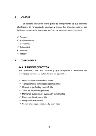 3.       VALORES


           En Nuestra institución, como parte del cumplimiento de sus acciones
     planificadas, se ha priorizado promover y cumplir los siguientes valores que
     facilitaran la realización de manera armónica de todas las tareas priorizadas.


      Respeto
      Responsabilidad
      Democracia
      Solidaridad
      Identidad
      Trabajo


4.       COMPONENTES


       IV.4.1. PRINCIPIOS DE GESTIÓN
       Los principios     que más resaltan y que coadyuvan a desarrollar las
       actividades previamente señaladas son los siguientes:


        Gestión centrada en los estudiantes
        Transparencia y comunicación permanentes
        Comunicación fluida y bien definida
        Toma de decisiones oportunas
        Monitoreo, supervisión y evaluación permanentes
        Responsabilidad compartida
        Delegación de funciones
        Iniciativa liderazgo ,creatividad y asertividad




                                         41
 