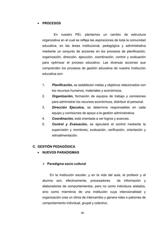 •   PROCESOS


               En   nuestro   PEI,    plantamos   un    cambio   de   estructura
      organizativa en el cual se refleja las aspiraciones de toda la comunidad
      educativa, en las áreas institucional, pedagógica y administrativa
      mediante un conjunto de acciones en los procesos de planificación,
      organización, dirección, ejecución, coordinación, control y evaluación
      para optimizar el proceso educativo. Las diversas acciones que
      comprenden los procesos de gestión educativa de nuestra Institución
      educativa son:


      1.    Planificación, se establecen metas y objetivos relacionados con
            los recursos humanos, materiales y económicos.
      2.    Organización, formación de equipos de trabajo y comisiones
            para administrar los recursos económicos, distribuir el personal.
      3.    Dirección Ejecutiva, se determina responsables en cada
            equipo y comisiones de apoyo a la gestión administrativa.
      4.    Coordinación, está orientada a ver logros y avances.
      5.    Control y Evaluación, se ejecutará el control mediante la
            supervisión y monitoreo, evaluación, verificación, orientación y
            retroalimentación.


C. GESTIÓN PEDAGÓGICA
  •   NUEVOS PARADIGMAS


       Paradigma socio cultural


           En la institución escolar, y en la vida del aula, el profesor y el
      alumno    son,   efectivamente,    procesadores      de    información    y
      elaboradores de comportamientos, pero no como individuos aislados,
      sino como miembros de una institución cuya intencionalidad y
      organización crea un clima de intercambio y genera roles o patrones de
      comportamiento individual, grupal y colectivo.


                                 46
 
