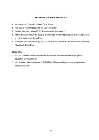 REFERENCIAS BIBLIOGRAFICAS


1. Ministerio de Educación (2008) DCN. Lima.
2. Not, Louis. “Las Pedagogías del Conocimiento”
3. Gálvez Vásquez, José (2012) “Planeamiento Estratégico”
4. Torres Lozano, Alejandro (2010) “Estrategias metodológicas para el desempeño de
   la práctica docente”. Lima Perú.
5. Ministerio de Educación (2009) “Manual para docentes de Educación Primaria”
   PLANCAD. Lima Perú.


Sitios Web
1. http://portal.educ.ar/debates/eid/docenteshoy/materiales-escolares/proyecto-
   educativo-institucion.php
2. http://jugare.blogcindario.com/2009/04/00258-que-es-el-pei-proyecto-educativo-
   institucional.html




                                          54
 