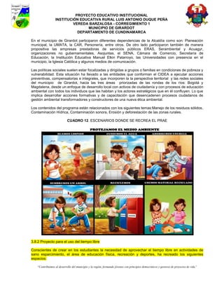 PROYECTO EDUCATIVO INSTITUCIONAL
                  INSTITUCIÓN EDUCATIVA RURAL LUIS ANTONIO DUQUE PEÑA
                           VEREDA BARZALOSA - CORREGIMIENTO 1
                                 MUNICIPIO DE GIRARDOT
                             DEPARTAMENTO DE CUNDINAMARCA

En el municipio de Girardot participaron diferentes dependencias de la Alcaldía como son: Planeación
municipal, la UMATA, la CAR, Personería, entre otros. De otro lado participaron también de manera
propositiva las empresas prestadoras de servicios públicos ERAS, Serambiental y Acuagyr,
organizaciones no gubernamentales, Asojuntas, el SENA, Cámara de Comercio, Secretaría de
Educación, la Institución Educativa Manuel Elkin Patarroyo, las Universidades con presencia en el
municipio, la Iglesia Católica y algunos medios de comunicación.

Las políticas sociales suelen estar focalizadas y dirigidas a grupos o familias en condiciones de pobreza y
vulnerabilidad. Esta situación ha llevado a las entidades que conforman el CIDEA a ejecutar acciones
preventivas, compensatorias e integrales, que incorporen la la perspectiva territorial y las redes sociales
del municipio de Girardot, hacia las tres áreas priorizadas de las rondas de los ríos: Bogotá y
Magdalena, desde un enfoque de desarrollo local con activos de ciudadanía y con procesos de educación
ambiental con todos los individuos que las habitan y los actores estratégicos que en él confluyen. Lo que
implica desarrollar acciones formativas y de capacitación que desencadenen procesos ciudadanos de
gestión ambiental transformadores y constructores de una nueva ética ambiental.

Los contenidos del programa están relacionados con los siguientes temas:Manejo de los residuos sólidos,
Contaminación Hídrica, Contaminación sonora, Erosión y deforestación de las zonas rurales.

                            CUADRO 12. ESCENARIOS DONDE SE RECREA EL PRAE




3.8.2 Proyecto para el uso del tiempo libre

Conscientes de crear en los estudiantes la necesidad de aprovechar el tiempo libre en actividades de
sano esparcimiento, el área de educación física, recreación y deportes, ha recreado los siguientes
espacios:

    “Contribuimos al desarrollo del municipio y la región, formando jóvenes con principios democráticos y gestores de proyectos de vida”
 
