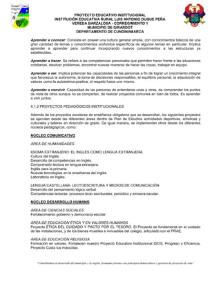 PROYECTO EDUCATIVO INSTITUCIONAL
                  INSTITUCIÓN EDUCATIVA RURAL LUIS ANTONIO DUQUE PEÑA
                           VEREDA BARZALOSA - CORREGIMIENTO 1
                                 MUNICIPIO DE GIRARDOT
                             DEPARTAMENTO DE CUNDINAMARCA

Aprender a conocer: Consiste en poseer una cultura general amplia, con conocimientos básicos de una
gran cantidad de temas y conocimientos profundos específicos de algunos temas en particular. Implica
aprender a aprender para continuar incorporando nuevos conocimientos a las estructuras ya
establecidas.

Aprender a hacer. Se refiere a las competencias personales que permiten hacer frente a las situaciones
cotidianas, resolver problemas, encontrar nuevas maneras de hacer las cosas, trabajar en equipo.

Aprender a ser. Implica potenciar las capacidades de las personas a fin de lograr un crecimiento integral
que favorezca la autonomía, la toma de decisiones responsables, el equilibrio personal, la adquisición de
valores como la autoestima positiva, el respeto hacia uno mismo.

Aprender a convivir. Capacidad de las personas de entenderse unas a otras, de comprender los puntos
de vista de otros aunque no se compartan, de realizar proyectos comunes en bien de todos. Es aprender
a vivir juntos.

4.1.2 PROYECTOS PEDAGÓGICOS INSTITUCIONALES

Además de los proyectos escolares de enseñanza obligatoria que se desarrollan, los siguientes proyectos
se ejecutan desde las diferentes áreas dentro de Plan de Estudios actividades deportivas, artísticas y
culturales y talleres en dirección de grado. De igual manera, se implementan otros desde los diferentes
núcleos pedagógicos, como:

NÚCLEO COMUNICATIVO

ÁREA DE HUMANIDADES

IDIOMA EXTRANJERO: EL INGLÉS COMO LENGUA EXTRANJERA.
Cultura del Inglés.
Desarrollo de competencias en Inglés.
Comprensión lectora en lengua extranjera.
Inglés para la primaria.
Nuevas tecnologías en la enseñanza del Inglés.
Laboratorio en Inglés.

LENGUA CASTELLANA: LECTOESCRITURA Y MEDIOS DE COMUNICACIÓN
Desarrollo del pensamiento lógico verbal.
Competencias lectoras: procesos lecto escriturales, periódico y emisora escolar.

NÚCLEO DESARROLLO HUMANO

ÁREA DE CIENCIAS SOCIALES
Fortalecimiento gobierno y democracia escolar

ÁREA DE EDUCACIÓN ÉTICA Y EN VALORES HUMANOS
Proyecto ÉTICA DEL CUIDADO Y PACTO POR EL TESORO. El Proyecto se fundamenta en el cuidado
de las instalaciones, y de los bienes muebles e inmuebles del colegio, articulado con el PRAE.

ÁREA DE EDUCACIÓN RELIGIOSA
Formación en valores. Fortalecen nuestro Proyecto Educativo Institucional DIOS, Progreso y Eficiencia,
Proyecto Cuida tus mascotas.



    “Contribuimos al desarrollo del municipio y la región, formando jóvenes con principios democráticos y gestores de proyectos de vida”
 