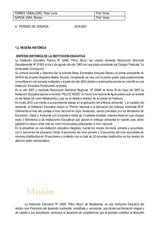 TORRES CABALLERO, Tania Lucia Prof. horas
GARCIA JARA, Romeo Prof. horas
 PERIODO DE VIGENCIA : 2019-2021.
1.2. RESEÑA HISTÓRICA
SINTESIS HISTORICA DE LA INSTITUCION EDUCATIVA
La Institución educativa Publica Nº 32942 “Pillco Mozo” fue creada mediante Resolución Directoral
Departamental Nº 01363 el día 4 de agosto del año 1983 con una plaza excedente del Colegio Particular “La
Inmaculada Concepción.
Su primera docente y Directora fue la señorita Betsy Esmeralda Ampudia Dávila y el primer presidente de
APAFA fue el señor Alejandro Beteta Tiburcio, inicialmente se creó con el primer grado para posteriormente
convertirse en una escuela multigrado y a partir del año 2003 debido a la demanda escolar se convirtió en una
Institución Educativa Polidocente completa.
En el año 2007 y mediante Resolución Directoral Regional Nº 02496 de fecha 30 de mayo del 2007 La
Institución Educativa asume el nombre “PILLCO MOZO” en honor a la imponente figura pétrea que se levanta
en las faldas del cerro Marabamba y que es un atractivo turístico de la ciudad de Huánuco.
En el año 2010 y en merito a su permanente trabajo en la aplicación del enfoque ambiental y el cuidado del
ambiente, la Institución Educativa obtuvo el “Premio Nacional a la Aplicación del enfoque ambiental 2010”
obteniendo el más alto puntaje a nivel nacional en logro destacado, siendo premiado por los Ministerios de
Educación, Salud y Ambiente con la bandera Verde de 3 estrellas doradas, máxima distinción que otorgan
estos 3 Ministerios a las Instituciones Educativas que aplican el enfoque ambiental en nuestro país, dicho
galardón lo obtuvo entre más de ocho mil escuelas participantes a nivel nacional.
En la actualidad es una institución educativa integrada, cuenta los niveles de inicial, primaria y secundaria,
con 3 secciones de educación inicial, 8 secciones del nivel primario y 5 secciones del nivel secundaria de
menores distribuidos en 16 secciones y contando con un total de 22 docentes distribuidos en los niveles de
atención antes mencionados.
La Institución Educativa Nº 32942 “Pillco Mozo” de Marabamba, es una Institución Educativa del
ámbito rural Promotora del desarrollo sostenible, acreditada y reconocida, que brinda una formación integral y
de calidad a sus estudiantes, promueve el desarrollo de competencias que le permitan contribuir al desarrollo
Misión
 