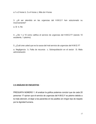 a.1 a 2 horas b. 3 a 4 horas c. Más de 4 horas
3. ¿Al ser atendido en las urgencias del H.M.G.Y han solucionado su
inconveniente?
a. Si b. No
4. ¿.De 1 a 10 como califica el servicio de urgencias del H.M.G.Y? (siendo 10
excelente, 1 pésimo)
5. ¿Cuál cree usted que es la causa del mal servicio de urgencias del H.M.G.Y?
a. Negligencia b. Falta de recursos c. Sobrepoblación en el sector D. Mala
administración
2.3 ANÁLISIS DE ENCUESTAS
PREGUNTA NÚMERO 1: Al analizar la gráfica podemos concluir que de cada 20
personas 17 opinan que el servicio de urgencias del H.M.G.Y es pésimo debido a
la mala atención, el dejar a los pacientes en los pasillos sin ningún tipo de respeto
por la dignidad humana.
17
 