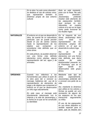 En la obra “no solo como diversión”, 
se destaca el uso de colores vivos, 
que representan también la 
dinámica propia de ese entorno 
cultural. 
título en este momento, 
pues con la frase “No solo 
como diversión”, 
Jacanamijoy pretende 
mostrar este elemento de 
las papayuelas también 
(que aunque no son 
relevantes en nuestra 
cultura si lo son en la Inga) 
como parte funcional de 
los rituales ingas. 
NATURALES El entorno en el que se desarrolla la 
obra, da cuenta de un naturalismo 
particular, que se puede percibir 
desde el uso de ciertos colores 
hasta la representación de los 
objetos que componen un 
ecosistema más definido que en 
otras obras. 
En esta pintura, se pueden observar 
con una forma más definida 
elementos como plantas, alguna 
representación del sol, agua y de 
animales. 
En la mayoría de sus 
obras, Jacanamijoy tiene 
como base la 
representación de los 
elementos propios del 
entorno en el que se 
desarrolla la cultura Inga. 
Así, se da la 
representación de 
elementos con una forma 
más definida, que daría 
cuenta de esta 
biodiversidad presente en 
el Putumayo, que es el 
lugar donde se 
desenvuelve este grupo 
étnico. 
ORÍGENES Cuando nos referimos a las 
herramientas que utiliza el autor de 
la obra para dar a conocer su 
mensaje, hablamos del uso de la 
representación de elementos de 
juego y de objetos que componen el 
entorno en el que se desenvuelve 
un niño inga naturalmente. 
En este caso, el mensaje está 
directamente relacionado con la 
infancia y la vida de Jacanamijoy y 
la forma en la que se ha construido 
su identidad. 
Mediante este tipo de 
obras especialmente, 
Jacanamijoy pretende dar 
a conocer una parte de su 
vida. 
Así, mediante la dinámica 
que utiliza en los colores y 
formas se puede ver una 
recreación de alguno de 
los espacios en los que 
transcurrió seguramente 
su niñez. 
El uso de las papayuelas 
en sus obras adquiere un 
sentido especial para el 
autor, que se mezcla con 
27 
 