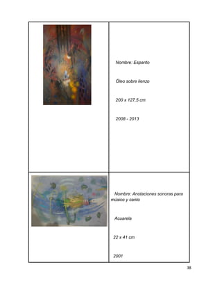 Nombre: Espanto 
Óleo sobre lienzo 
200 x 127,5 cm 
2008 - 2013 
Nombre: Anotaciones sonoras para 
músico y canto 
Acuarela 
22 x 41 cm 
2001 
38 
 