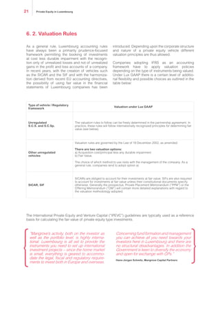 As a general rule, Luxembourg accounting rules
have always been a primarily prudence-focused
framework permitting the booking of investments
at cost less durable impairment with the recogni-
tion only of unrealized losses and not of unrealized
gains in the profit and loss accounts of a company.
In recent years, with the creation of vehicles such
as the SICAR and the SIF and with the harmoniza-
tion derived from recent EU accounting directives,
the possibility of using fair value in the financial
statements of Luxembourg companies has been
introduced. Depending upon the corporate structure
and nature of a private equity vehicle different
valuation principles are thus allowed.
Companies adopting IFRS as an accounting
framework have to apply valuation policies
depending on the type of instruments being valued.
Under Lux GAAP there is a certain level of additio-
nal flexibility and possible choices as outlined in the
table below:
The International Private Equity and Venture Capital (“IPEVC”) guidelines are typically used as a reference
basis for calculating the fair value of private equity type investments.
“Mangrove’s activity, both on the investor as
well as the portfolio level, is highly interna-
tional. Luxembourg is all set to provide the
instruments you need to set up international
investment projects – since the home market
is small, everything is geared to accommo-
date the legal, fiscal and regulatory require-
ments to invest both in Europe and overseas.
Concerning fund formation and management
you can achieve all you need towards your
investors here in Luxembourg and there are
no structural disadvantages. In addition the
Government is keen to diversify the economy
and open for exchange with GPs.”
Hans-Jürgen Schmitz, Mangrove Capital Partners
6. 2. Valuation Rules
Type of vehicle / Regulatory
framework
Valuation under Lux GAAP
Unregulated
S.C.S. and S.C.Sp.
The valuation rules to follow can be freely determined in the partnership agreement. In
practice, these rules will follow internationally recognized principles for determining fair
value (see below).
Other unregulated
vehicles
Valuation rules are governed by the Law of 19 December 2002, as amended.
There are two valuation options:
a) Acquisition cost/principal less any durable impairment
b) Fair Value.
The choice of which method to use rests with the management of the company. As a
general rule, companies tend to adopt option a).
SICAR, SIF
SICARs are obliged to account for their investments at fair value. SIFs are also required
to account for investments at fair value unless their constitutional documents specify
otherwise. Generally the prospectus, Private Placement Memorandum (“PPM”) or the
Offering Memorandum (“OM”) will contain more detailed explanations with regard to
the valuation methodology adopted.
Private Equity in Luxembourg21
 